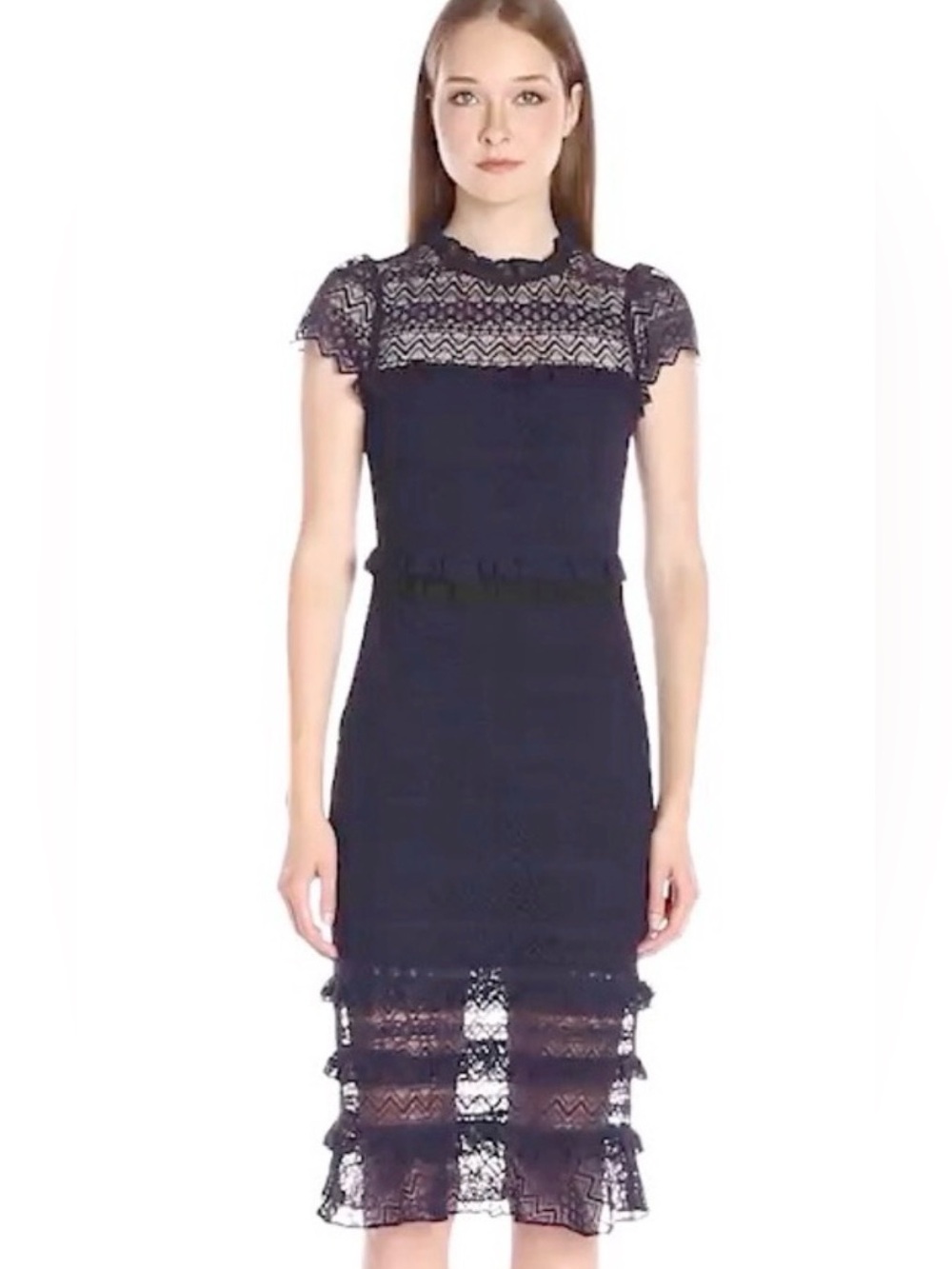 Parker Navy Lace Midi Dress with Tiered Hem - Picture 2 of 9